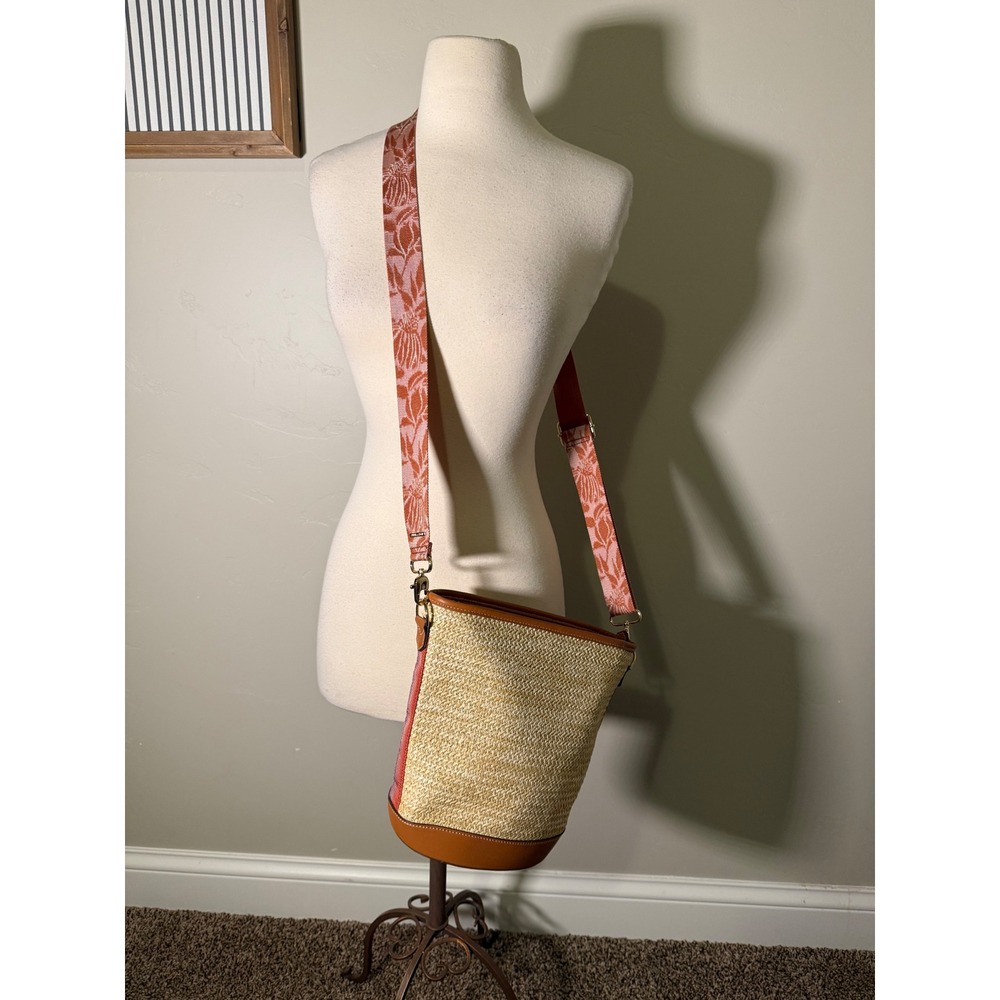 Stella & Dot Woven Straw Bucket Bag Brown Leather Trim Floral Crossbody Strap - Picture 2 of 13